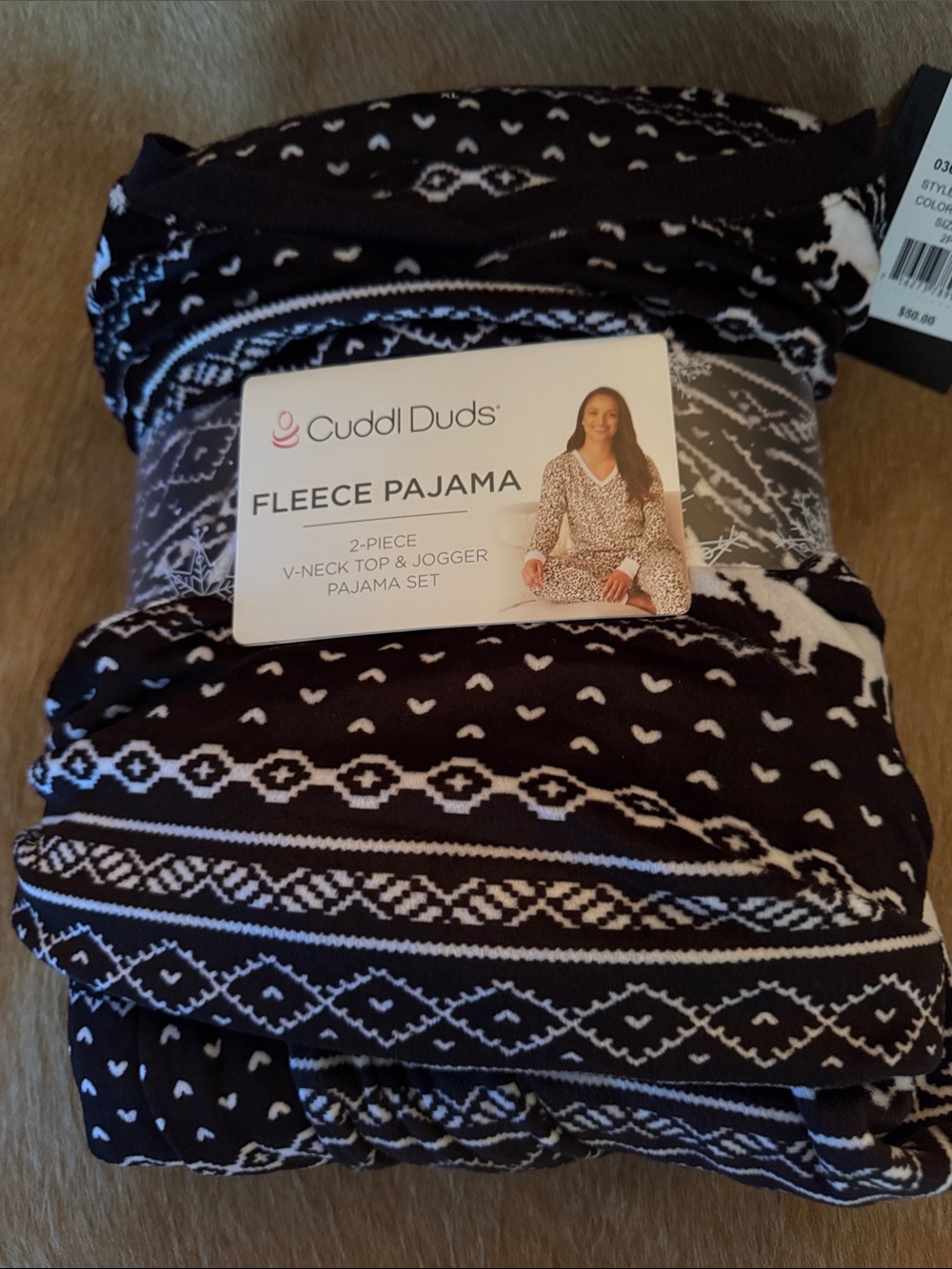 Cuddl Duds Black & White Patterned Fleece Pajama Set